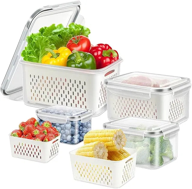 Fridge Storage Containers with Drain Baskets, Set of 4