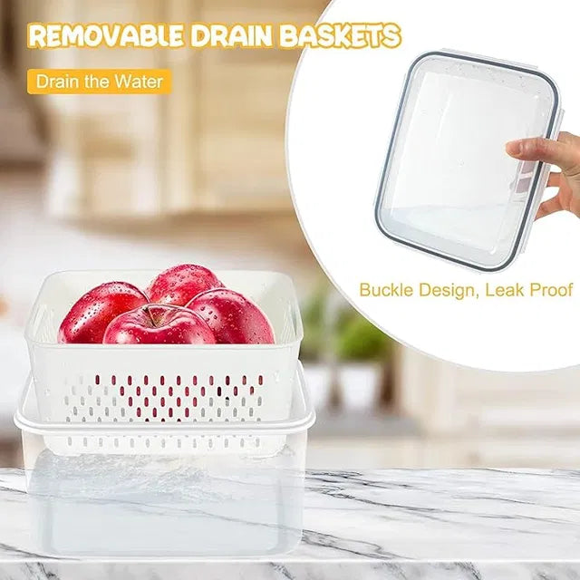 Fridge Storage Containers with Drain Baskets, Set of 4