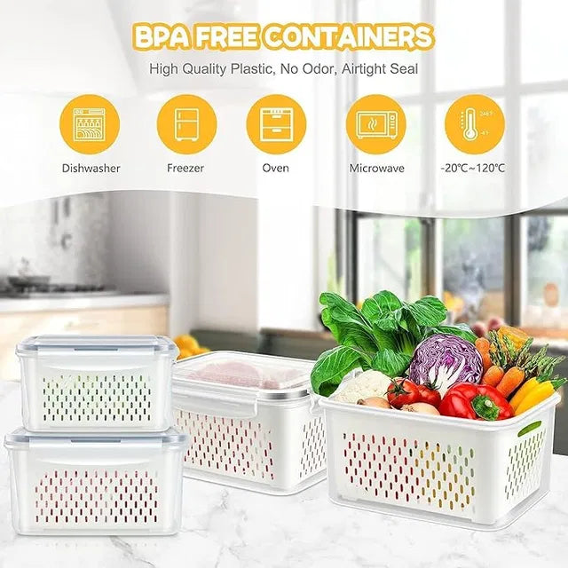 Fridge Storage Containers with Drain Baskets, Set of 4