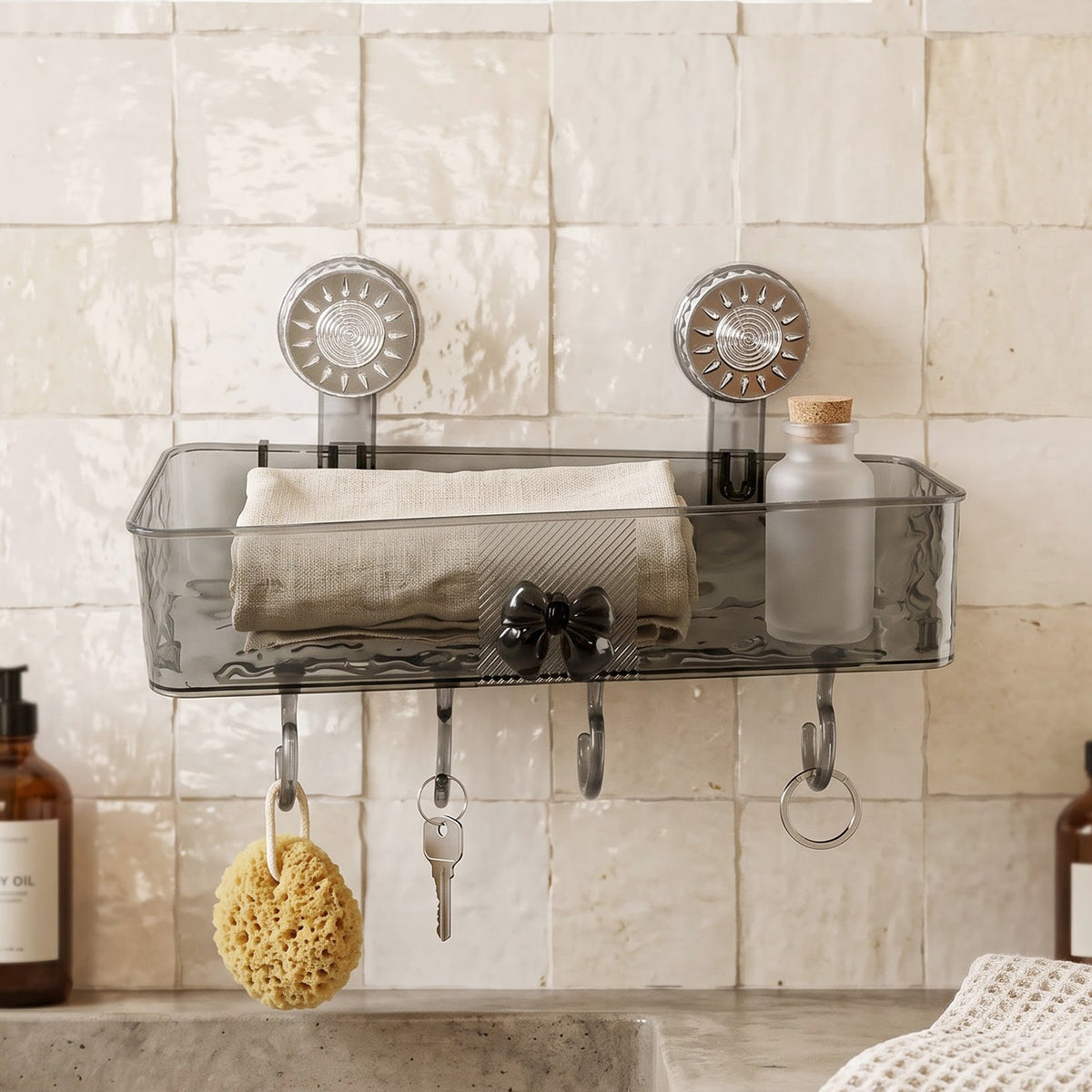 Suction Bathroom Shelf with Hooks