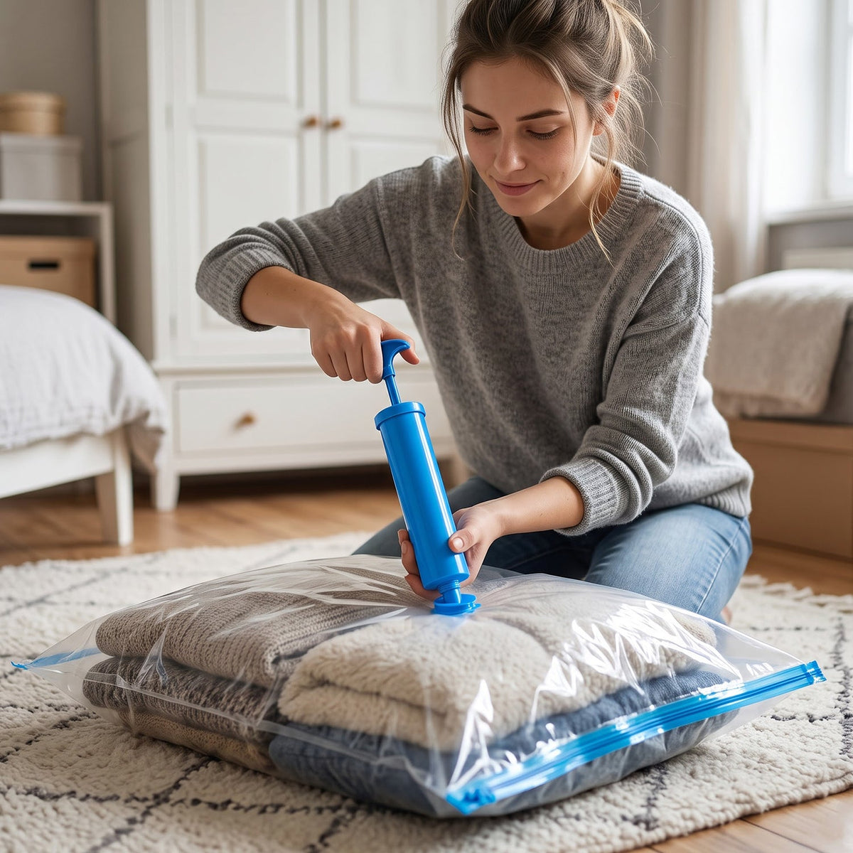 Pumping the air out of a vacuum storage bag full of clothes